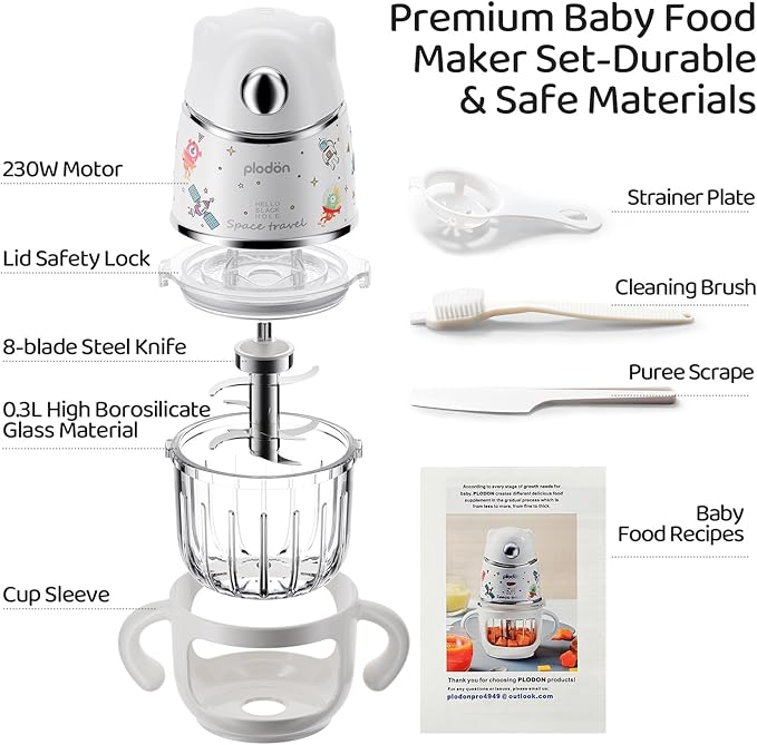 Baby blender food maker, PLODON 15-in-1 baby food processor set, suitable for vegetables, fruits and meat, compatible with stage-based recipes, separator, silicone spoon, scraper, (silver)