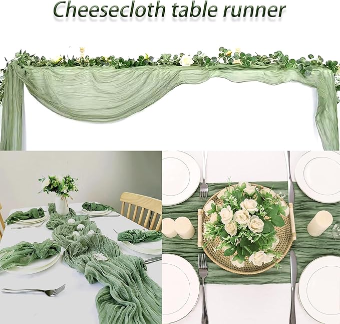 8 Pack Sage Green Cheesecloth Table Runner 20 x 120 inch Gauze Table Runners 10 FT Long,Semi Sheer Boho Cheese Cloth Fabric Table Runner Bulk for Wedding,Party,Baby Shower,Bridal Shower Decoration