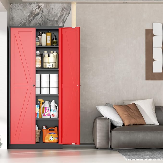 INTERGRAET 63" H Pantry Cabinet, Kitchen Pantry Storage Cabinets with 2 Doors and 4 Shelves, Black Red Metal Storage Cabinet,Cupboard for Home,Kitchen,Living Room/Dining