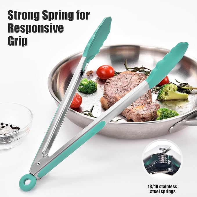 Doosu Kitchen Tongs for Cooking - 600째F Heat Resistant Food Tong with Non-Scratch Silicone Tips, Heavy Duty Stainless Steel Locking Tong for BBQ, Grilling Steak, Serving Salad, Pasta (12in, Aqua Sky)