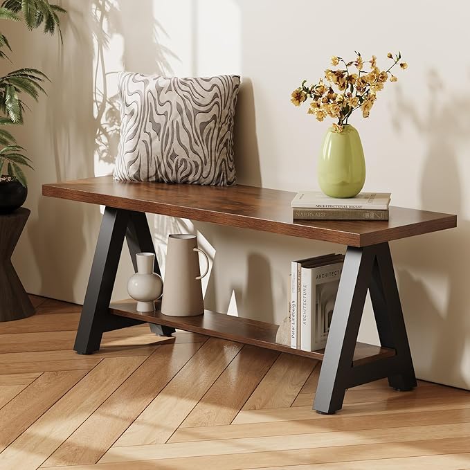 Welfuturer Farmhouse Wood Bench Industrial Entryway Bench Rustic Wood and Metal Shoe Storage Bench for Entryway, Living Room, Dining Room
