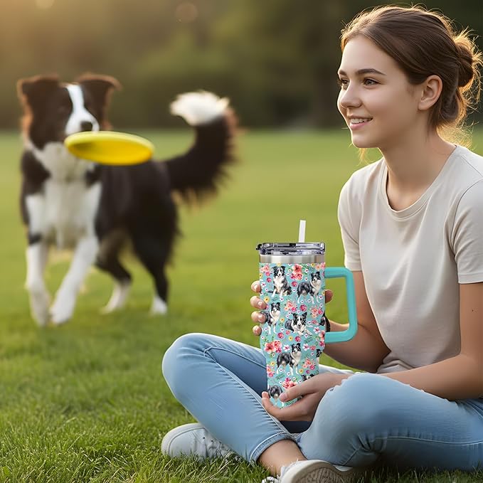 Yogusut Border Collie Gifts for Women, 40oz Stainless Steel Insulated Tumbler Travel Mug Cup with Handle Straw, Gifts for Dog Mom Dog Lover