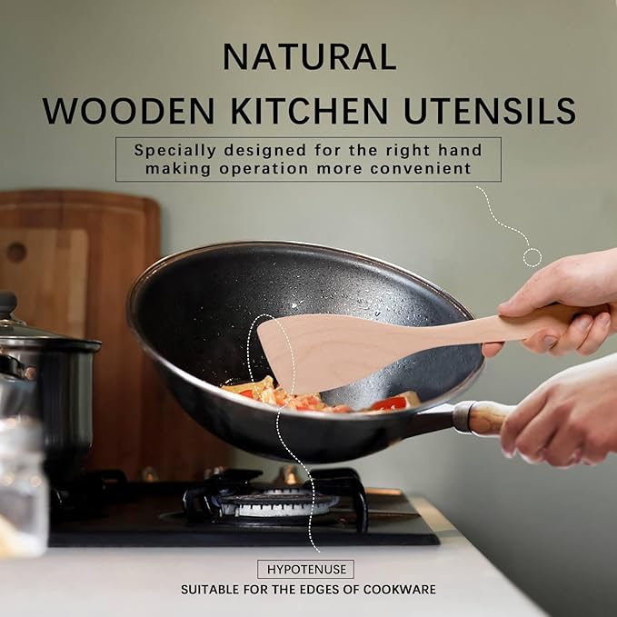 2PCS Wooden Spatulas for Cooking,12.8inch Uncoated Beech Wood Turners for Frying,Non-Scratch Wood Bevel Spurtle for Pan & Wok,Wooden Cooking Utensils for Non Stick Cookware,Long Handle Scraper