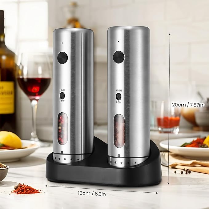 Electric Salt Grinder Set with Rechargeable Base Stainless Steel Grinders with Variable Grinding Speed, External Adjustable Coarseness and White LED Light, Silver