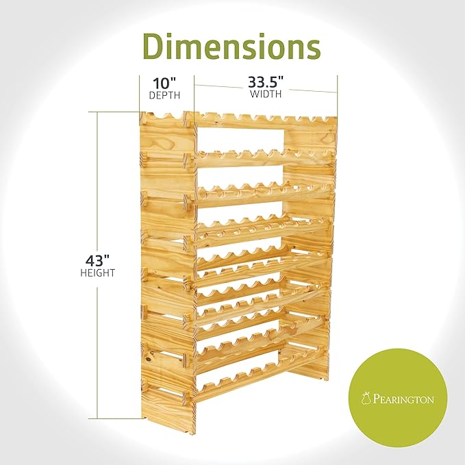 Pearington 72 Bottle Stackable Modular Wine Rack, 8-Tier Solid Pine Wine Bottle Holder, Free Standing Display Shelf, Wobble-Free Shelves for Kitchen, Bar, and Cellar, 10” x 33.5” x 43”