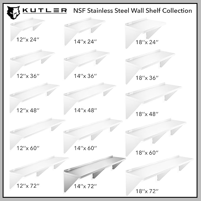 KUTLER Stainless Steel Shelf - 14" x 72", NSF Commercial Wall Mount Shelves with Backsplash, Floating Metal Shelving for Restaurant, Kitchen, Home