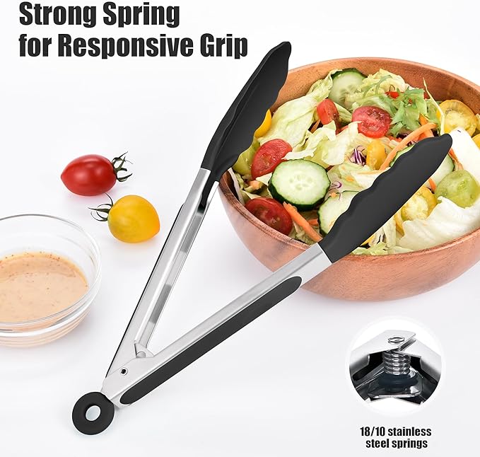 Doosu Kitchen Tongs for Cooking - 600째F Heat Resistant Food Tong Set with Non-Scratch Silicone Tips, Heavy Duty Stainless Steel Locking Tong for BBQ, Grilling Steak, Serving Salad (9+12in, Black)