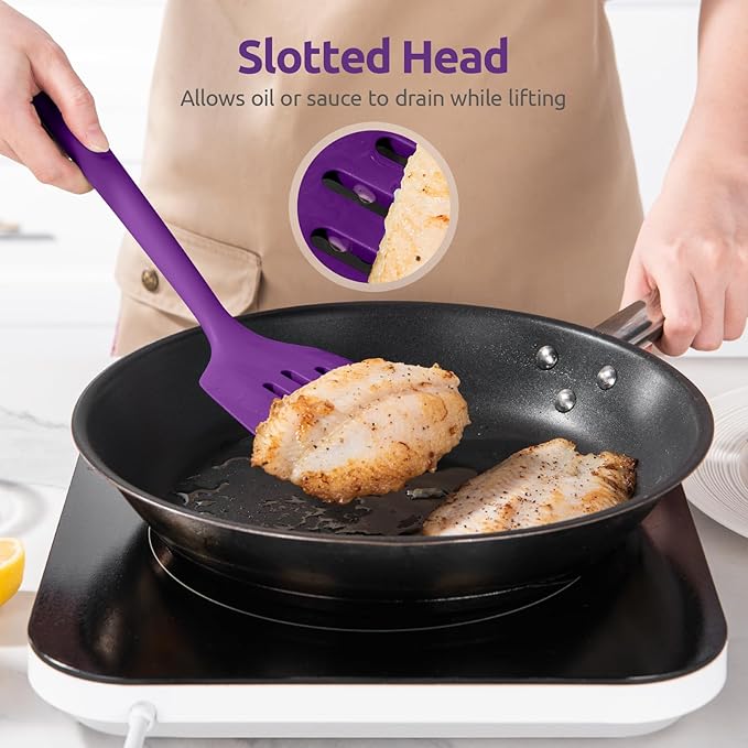 600쨘F Heat Resistant Slotted Turner: U-Taste 13.6in Silicone Kitchen Spatula Flipper, 3.74in Wide Food Grade Flexible Thin Rubber Cooking Utensil for Egg, Pancake, Cookie in Nonstick Cookware (Purple)