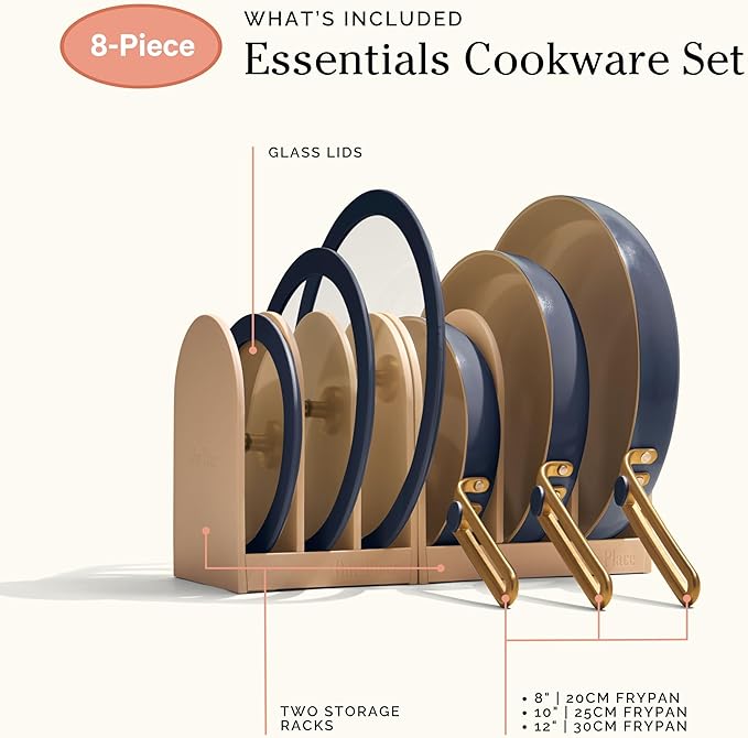 Our Place 8-Piece Essentials Complete Cookware Set - Ceramic Fry Pan Trio & Modular Rack Storage | Nontoxic Thermakind??Nonstick, Oven Safe up to 450째F & Compatible with All Cooktops | Blue Salt