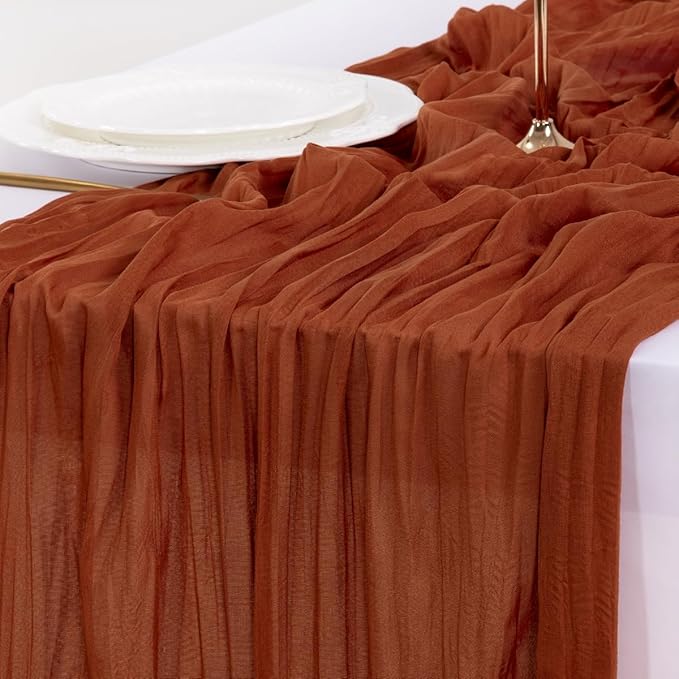 Socomi Terracotta Valentine's Day Fall Cheesecloth Table Runner Boho Rustic Farmhouse Gauze 120 inch 10FT Cheese Cloth Runner for Wedding Party Baby Shower Birthday Home Decor Holiday Decorations