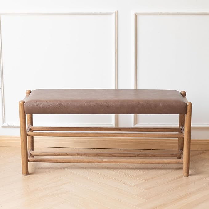 XINNAN Solid Wood Entryway Bench with Shoe Storage, Rustic Oak Wood and PU Leather 39.4 Inch Long Seating for Living and Dining Rooms, 3-Tier Brown