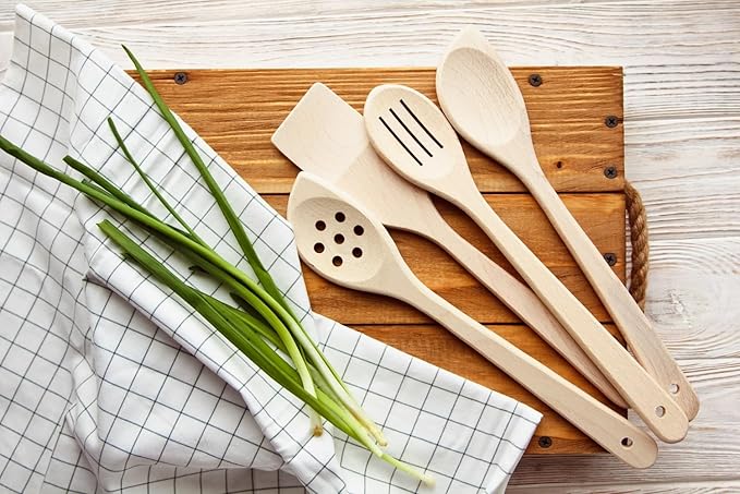 ECOSALL Healthy Wooden Spoons For Cooking Set of 6. Safe and Reliable Cooking Utensils for Kitchen ??100% Natural Nonstick Wood Spatula Spoon For Scraping, Stirring, Serving ??Uncoated Solid Hardwood