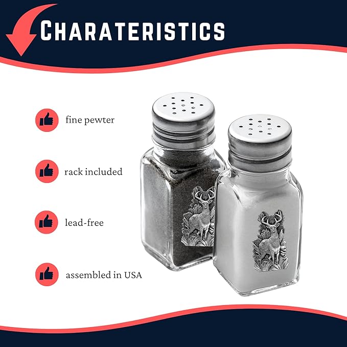 Heritage Pewter White Tail Deer Salt and Pepper Shaker Set of 2 Bottles | Expertly Crafted Pewter Glass