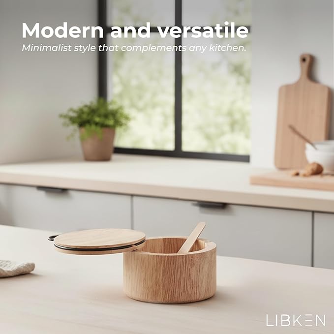 Wooden Salt Box with Lid & Spoon ??Rubberwood Keeper, Magnetic Swivel Top to avoid Dust, Minimal Scandinavian Bowl for Pepper, Spices, Herbs and Salt, Natural Salt Storage Container - Wood Lid