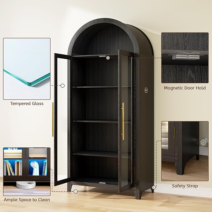 Arch Storage Cabinet with Tempered Glass Door, 71??Arched Display Floor Cabinet, 5 Tier Farmhouse Buffet with Storage for Dining Room, Living Room, Home Office or Kitchen(Black)