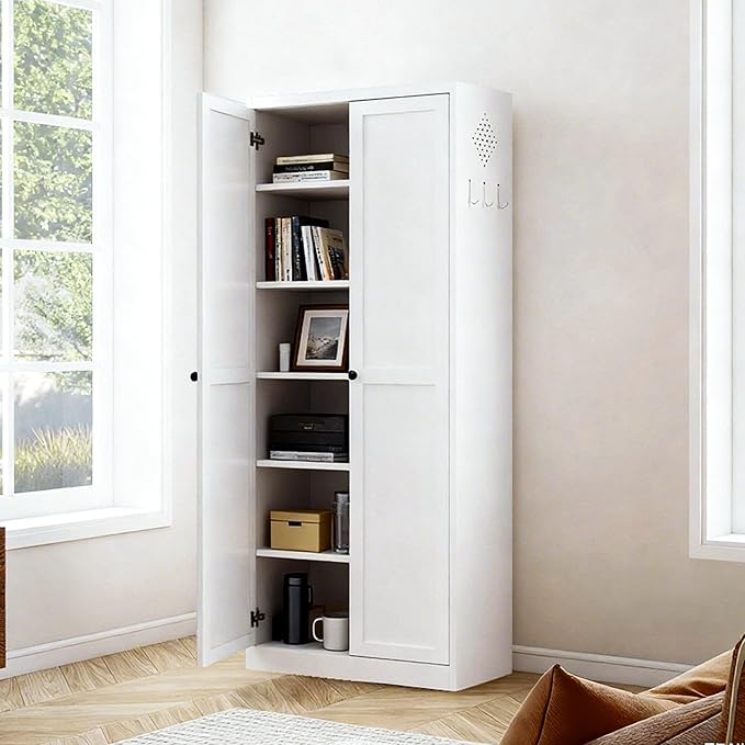 72" H White Steel Pantry Storage Cabinet with 5 Adjustable Shelves, 6-Tier Tall Metal Cabinets for Kitchen, Living Room, Garage, Heavy Duty Freestanding Utility Cabinet, Assembly Require
