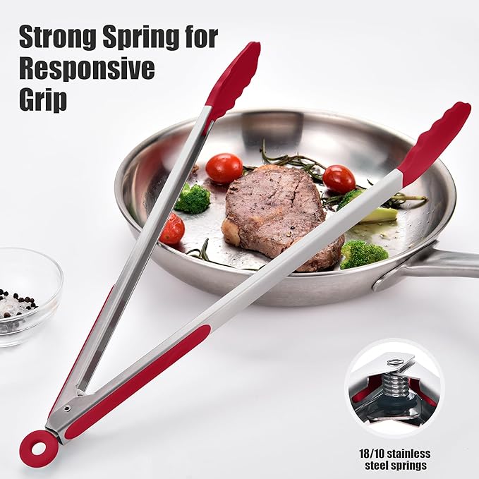 Doosu Kitchen Tongs for Cooking - 600째F Heat Resistant Food Tong with Non-Scratch Silicone Tips, Heavy Duty Stainless Steel Locking Tong for BBQ, Grilling Steak, Serving Salad, Pasta (16in, Red)