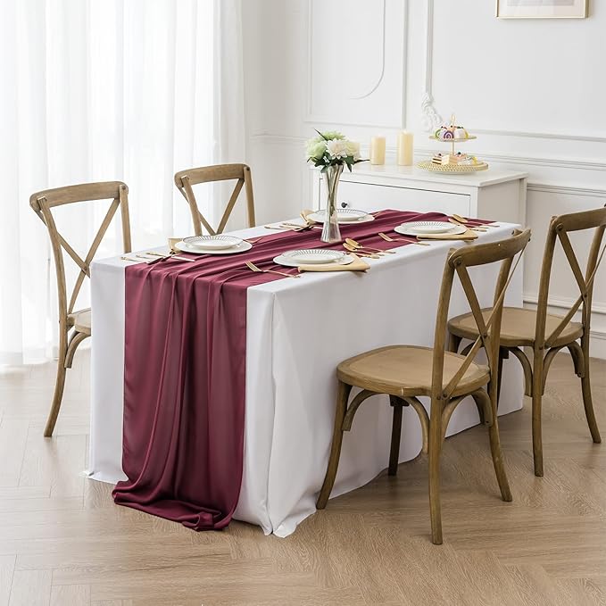 flohar 12Pack 9ft Christmas Chiffon Table Runner 14x108 Inch Sheer Romantic Table Runner for Wedding Birthday Party Bridal Shower Outdoor Decoration -Burgundy