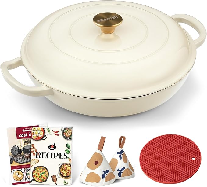 Overmont Enameled Cast Iron Dutch Oven - 3.8 Quart Dutch Oven Pot with Lid - Shallow Cookware Braising Pan - Cast iron Casserole with Cookbook & Heat-resistant Caps - Oven Safe up to 500째 F