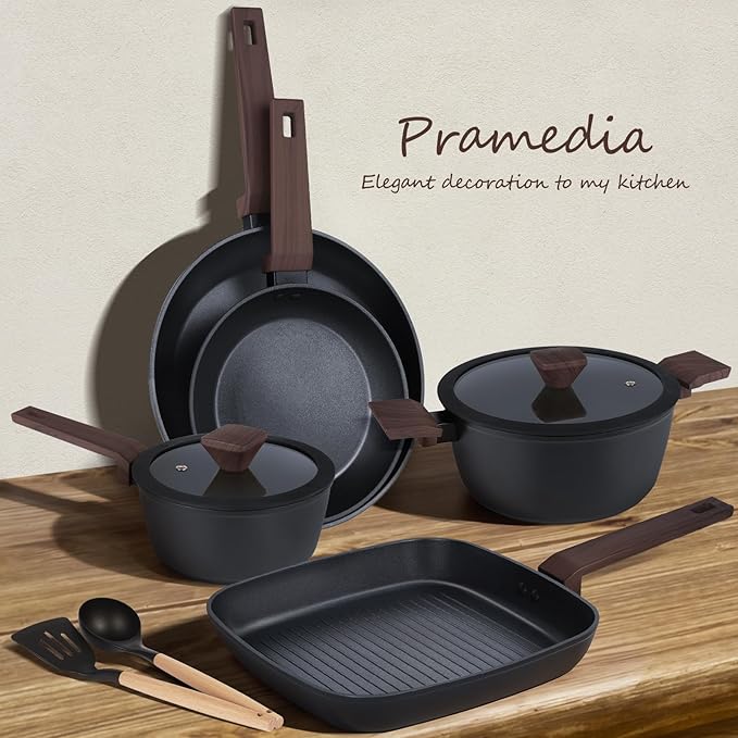 9 Pcs Pots and Pans Set Nonstick,Induction Cookware Set Kitchen Cooking Sets,Non Stick with Grill Pan (PFOS, PFOA Free), Black