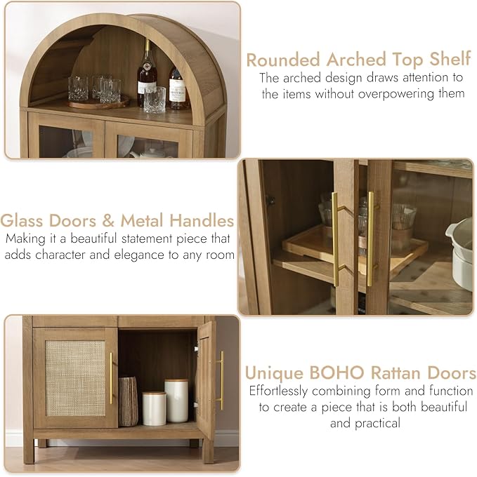 71" Tall Arched Display Cabinet, 5-Tier Bookshelf Modern Farmhouse Arched Bookcase with Glass Doors and Shelves, Wooden Pantry Storage Cabinet for Living Room, Office and Kitchen, Caramel Oak
