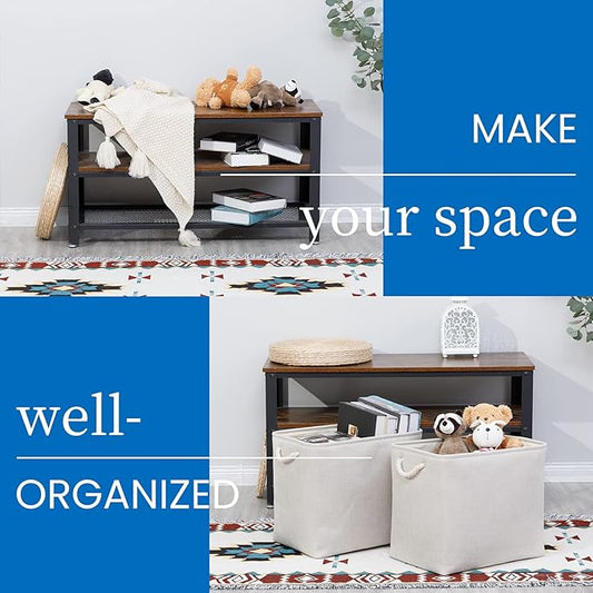 Bidtakay Fabric Beige Baskets Extra Large Organization Baskets for Clothes Set of 2 Collapsible Storage Bins for Shelves Cabinet 17x12x15 In Organizing Bins for Bedroom Blankets Pillow Towels Storage
