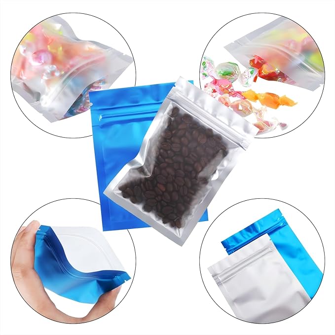 Blulu 100 Pieces Resealable Foil Proof Bags Scent Proof Flat Pouch Clear Smell Sealable Packing Bags Iridescent for Food Storage Snack Jewelry(4 x 6 Inch,Blue)