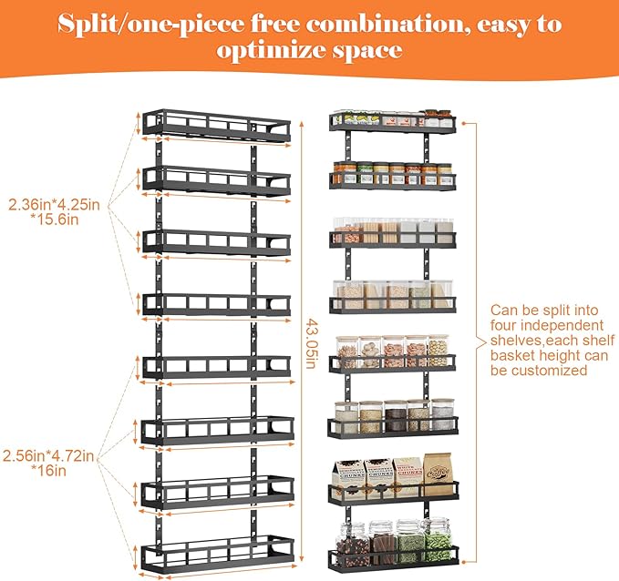 X-cosrack 8-Tier Adjustable Spice Rack ??Wall-Mounted Space-Saving Organizer with Mixed Baskets, Large-Capacity Seasoning Holder for Kitchen & Pantry (Black)