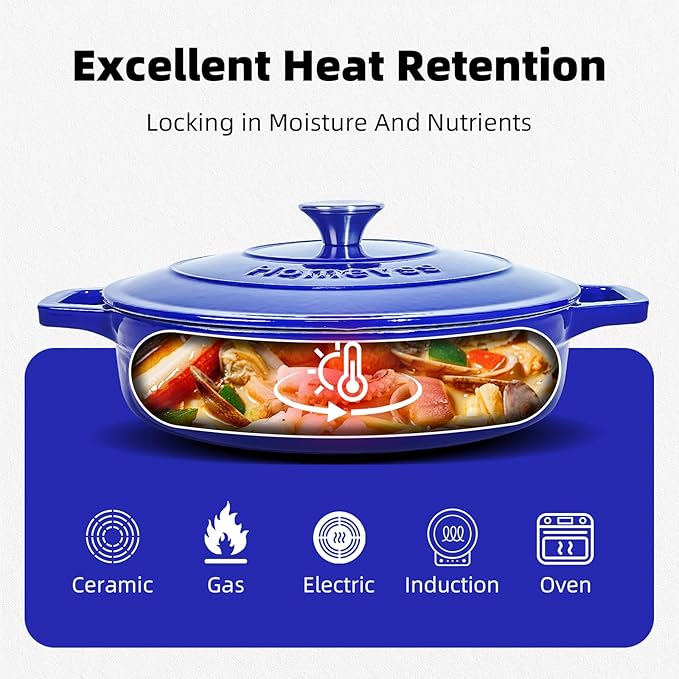 Enameled Cast Iron Dutch Oven - 4 Quart Dutch Oven Pot with Lid - Shallow Cookware Braising Pan - Oven Safe up to 500째 F for Baking, Roasting, and Braising-Blue