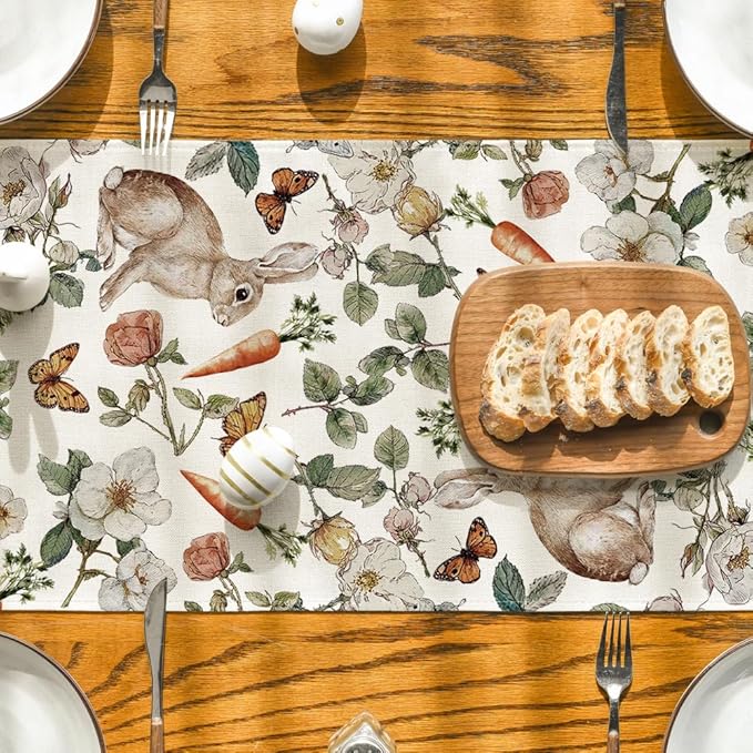 Artoid Mode Bunny Carrots Flower 210 GSM Easter Table Runner, Seasonal Spring Kitchen Dining Table Decoration for Home Party Decor 13x108 Inch