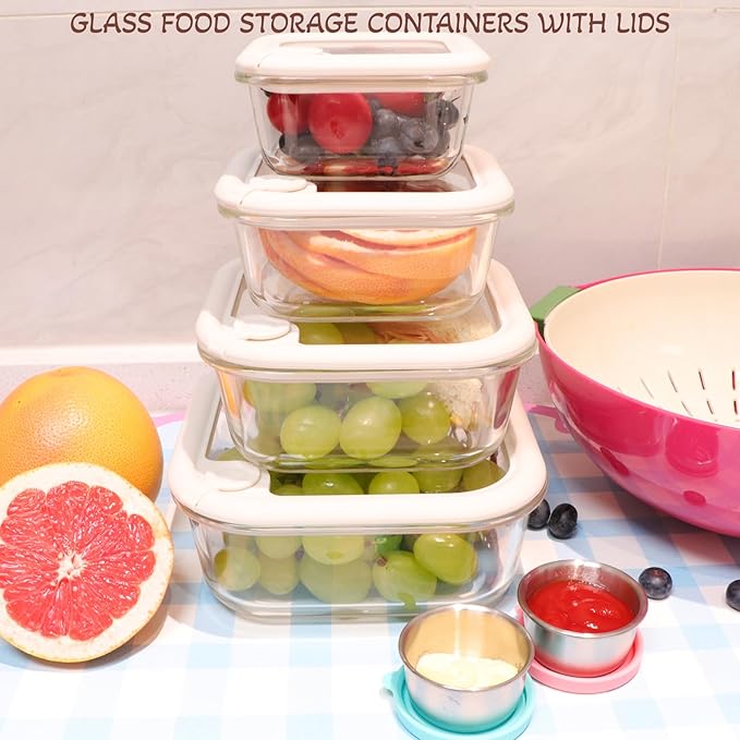 Glass Food Storage Containers with Silicone Glass Lids, 304 Stainless Steel Salad Dressing Containers, Microwave-safe LeakProof Food Containers Set, 100% Plastic Free-4-pack(White)