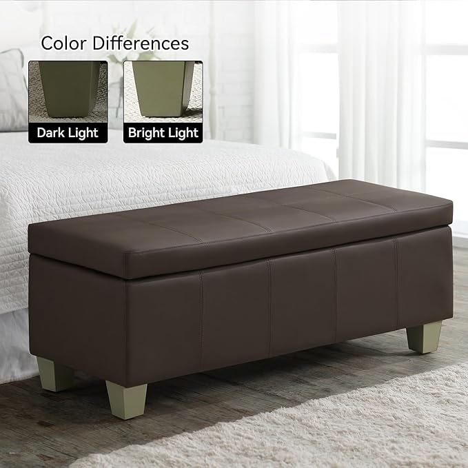 WUTUTUEE 51" Faux Leather Storage Ottoman, Stitch Tufted Rectangle Upholstered End of Bed Storage Bench, Entryway Large Couch Ottoman with Wooden Legs,Brown