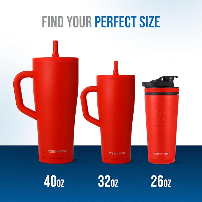 Ice Shaker 32 oz Tumbler with Handle and Straw | 32oz Red | Cold for 30+ Hours | 2-in-1 Tumbler Shaker Bottle | Odor-Free 32 ounce Bottle for Water, Protein Shakes, Smoothies, Cocktails