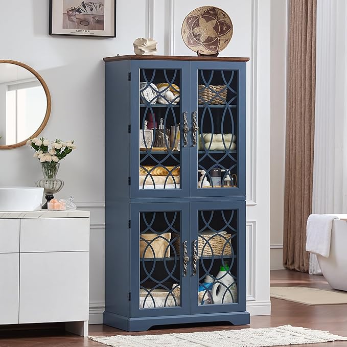 67" Tall Pantry Cabinet Set of 2, Vintage Kitchen Pantries Cabinets with Glass Doors & Adjustable Shelves, Wood Cupboard with Large Storage for Dingning Room, Bathroom, Navy Blue