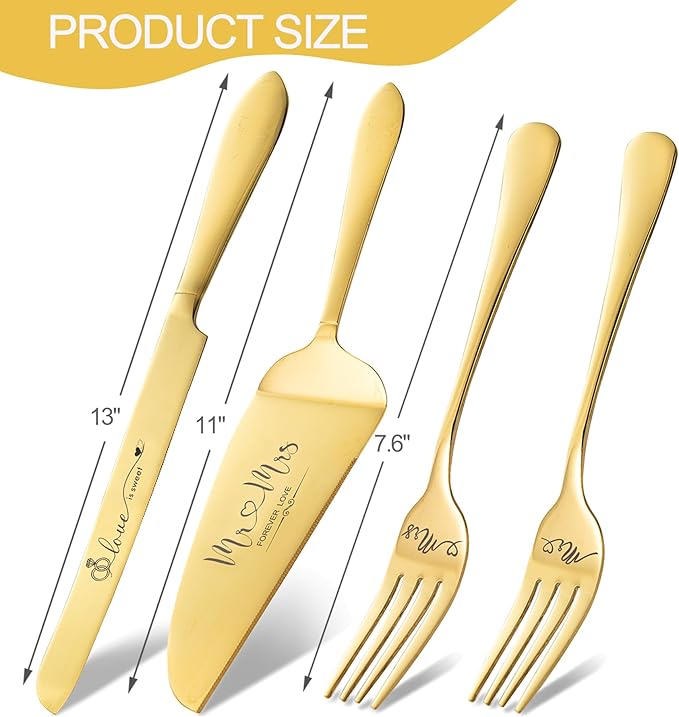 Gold Cake Cutting Set for Wedding, Wedding Cake Knife and Server Set, Cake Cutter and Pie Server Set of 4 for Mr and Mrs Wedding Gifts (Gold)