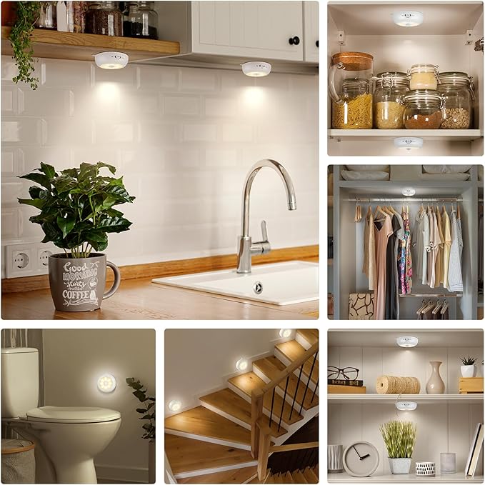 BLS 6-Pack 3.3" Under Cabinet Lighting, Closet Lights Motion Sensored Light Indoor AA Battery Operated, Magnetic Stick on LED Puck Light, Dimmable Under Counter Lights for Kitchen, 3000K Warm White
