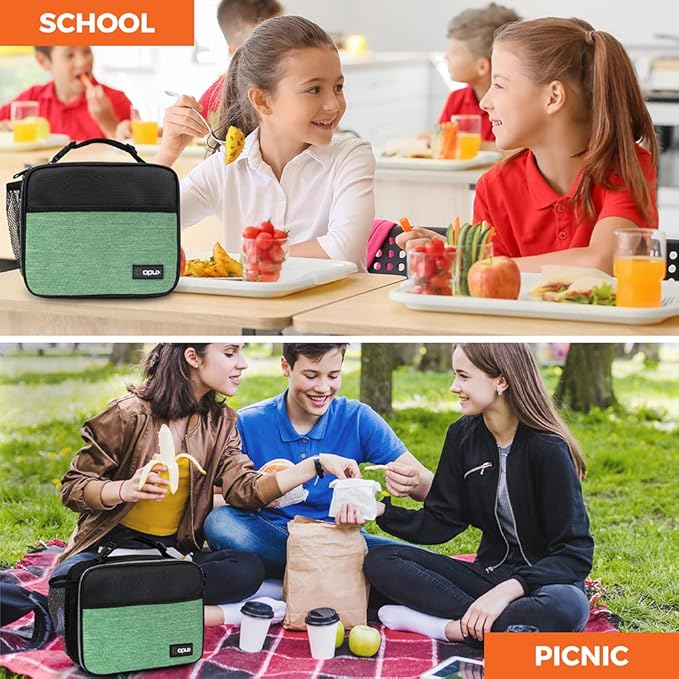 opux Insulated Lunch Bag Kids, Lunch Box for School Boy Girl, Leakproof Small Reusable Compact Soft Mini Cooler Bag, Toddler Small Lunch Boxes Kit Pail with Front Side Pockets (Green)