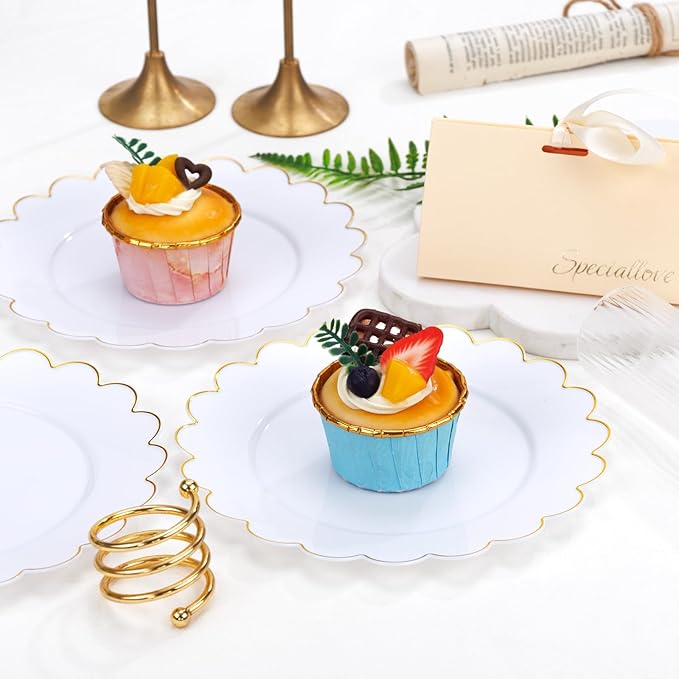 SUT 72Pcs Plastic Plates-7.5inch White Dessert Plates with Gold Trim, White Disposable Plates, Disposable Plates,Fancy Plastic Plates, Heavy Duty Plastic Plates for Christmas & Parties