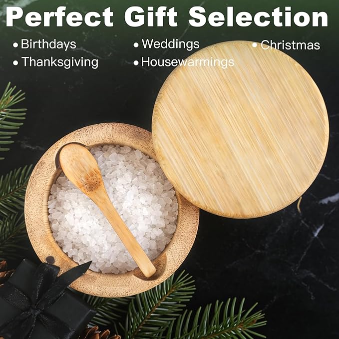 Ninsula Bamboo Salt Cellar, 360째 Magnetic Swivel Lid Salt Container with Built-in Spoon for Storing Table Salt, Pepper, Sugar, Sea Salt, Spices, and Herbs