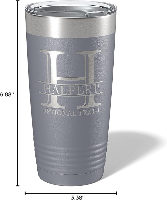 Personalized 20oz (17 Colors) Powder Coated Insulated Stainless Steel Tumbler with Lid, Custom Etched, Customized Engraved Gift Idea for Women Men Her Him, Halpert Monogram Initial Name (Gray)