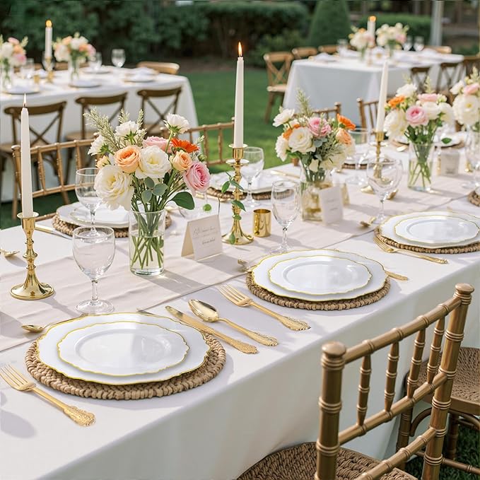 WDF 60pcs Gold Plastic Dinner Plates -10.25inch Baroque White and Gold Plates Fancy Heavy Duty Plastic Plates for Upscale Valentine's Day & Wedding & Birthday