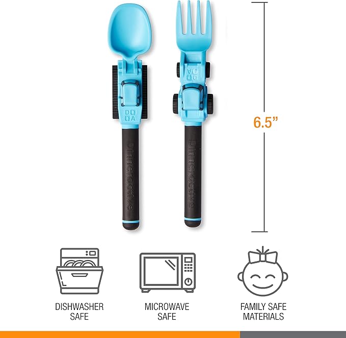 Dinneractive Utensil Set for Kids ??Construction Themed Toddler Forks and Spoons, Toddler Utensils ??2-Piece Set ??Blue Construction Utensils for Toddlers - Loader & Tractor Toddler Spoons and Forks