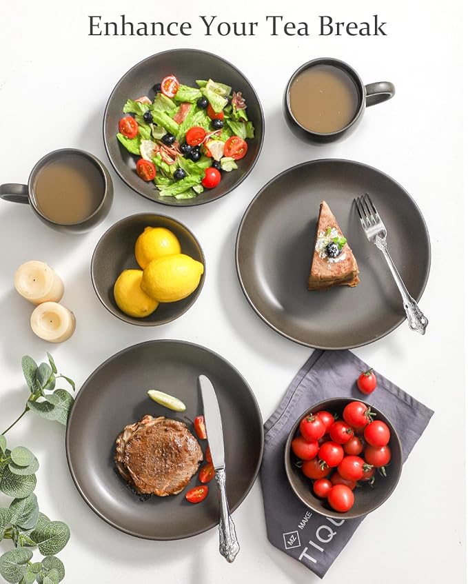 Dinner Plates Set of 6, 10 Inch Stoneware Plates for Salad, Appetizer, Dessert, Farmhouse Dinnerware Dishes for Christmas Thanksgiving Gift, Microwave & Dishwasher Safe, Matte Black