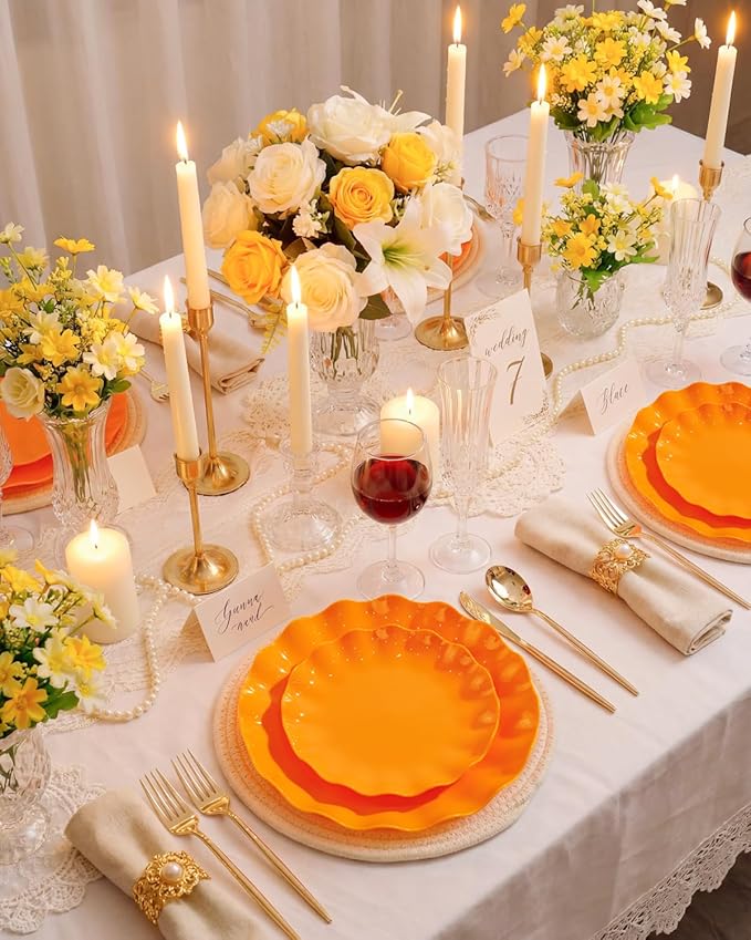 LIYH 20 Pcs 10 Inch Orange Plastic Scalloped Plates Reusable - Unbreakable Dinner Plates-Dishwasher Safe, Perfect for Halloween & Thanksgiving Party BPA Free