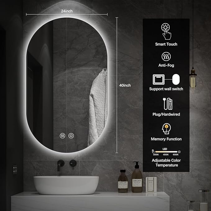 Niccy Oval LED Bathroom Vanity Mirror, 40x24inch Frameless Backlit Mirror with Light, Smart Anti-Fog Mirror with Memory Function Dimmable Lighted Mirror
