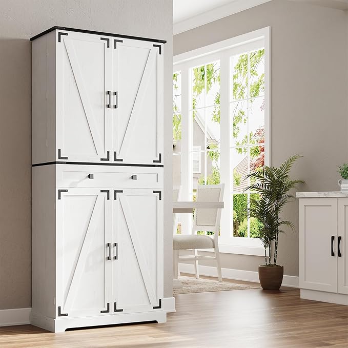 ELYKEN 72" Pantry Cabinet with Door Shelving & Sliding Shelves, Farmhouse Tall Kitchen Storage Cabinet with Door & Drawer for Dining Room, Living Room