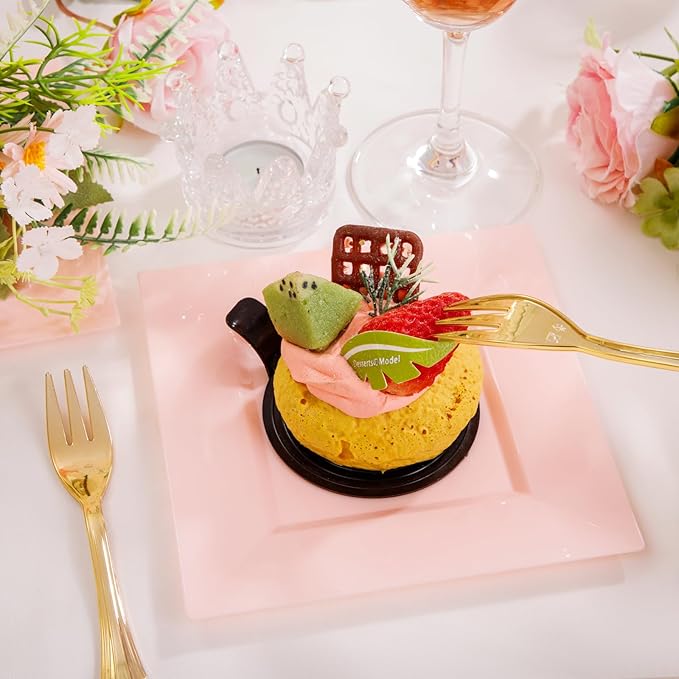 supernal 200pcs Square Pink Dessert Plates with Gold Plastic Forks,Appetizer Pink Plate Disposable with 100 Square Dessert Plates 6" and 100 5" Gold Forks Perfect Valentine Day Birthday Wedding