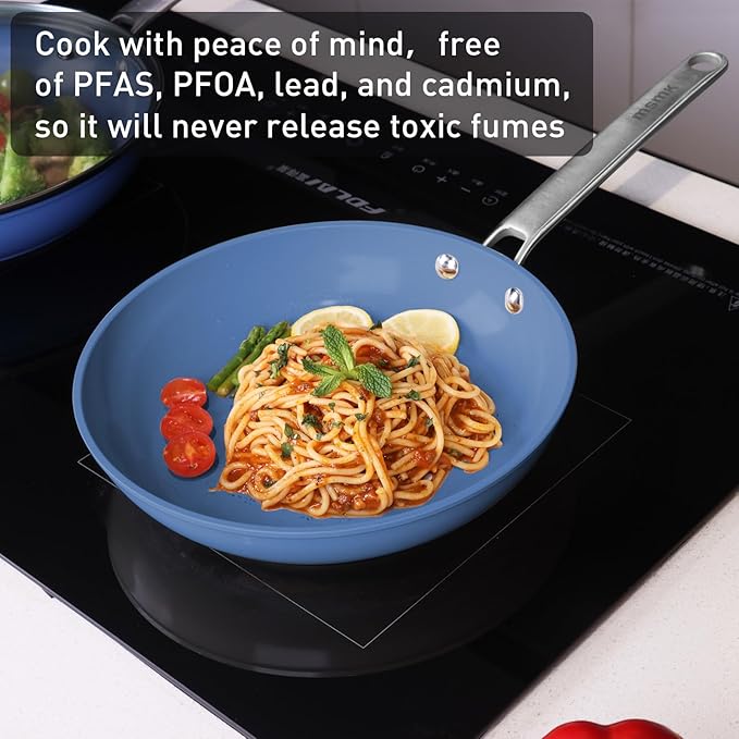 MsMk 5-Piece Ceramic Non Stick Pans Set 8, 10, 12 Inch Frying Pans, 10inch and 12 Inch with Tempered Glass Lids, Stay-Cool Handles, Oven Safe 700?? Compatible with All Cooktops