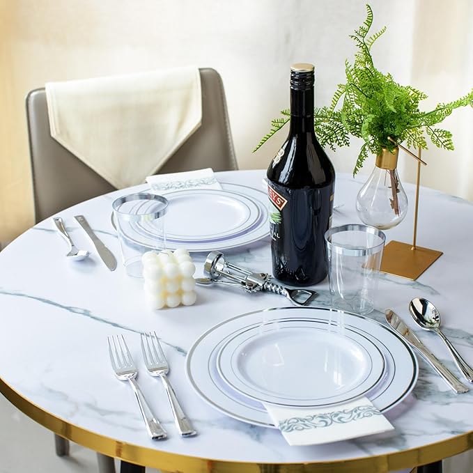 I00000 700 Piece Silver Dinnerware Set for 100 Guests-100 Dinner Plates, 100 Dessert Plates, 100 Disposable Cups 10 oz, 100 Paper Napkins, 100 Plastic Silverware Set Perfect for Party & Wedding