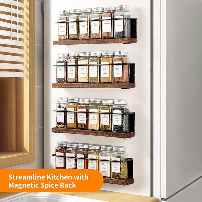 Magnetic Spice Rack Organizer with 12 Jars, 216 Labels, 1 Steel Funnel for Refrigerator竊똌icrowave Oven - Full Set of Seasoning Organizer, Kitchen Gadgets